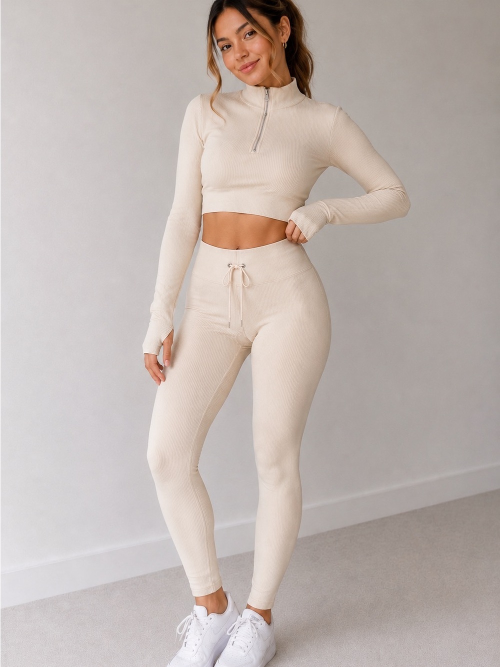 NWT OQQ Cream Ribbed Half-Zip Crop Top & Leggings Gym Yoga Athletic set, Medium